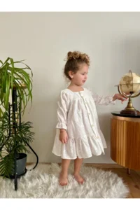 penu baby kids Ecru Scallop Front Buttoned Cotton Lined Long Sleeve Baby Girl Dress - Image 6