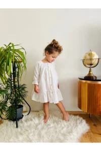 penu baby kids Ecru Scallop Front Buttoned Cotton Lined Long Sleeve Baby Girl Dress - Image 7