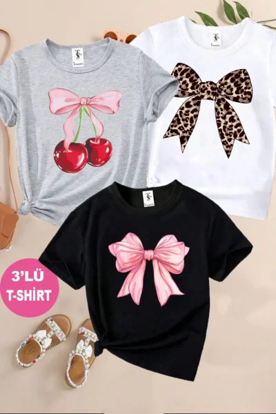 twins tailors Ribbon and Bow Printed 3-Pack Black-Grey-White Girls' T-Shirt