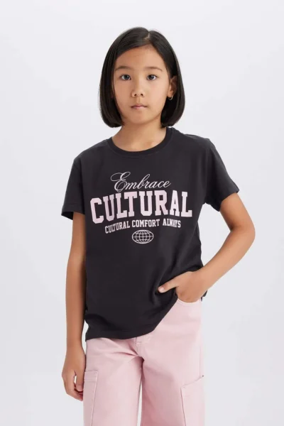 DeFacto Relax Fit Crew Neck Printed Short Sleeve T-Shirt Girls