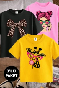 twins tailors Giraffe and Bow Printed 3-Pack Pink-Black-Yellow Girls' T-Shirt