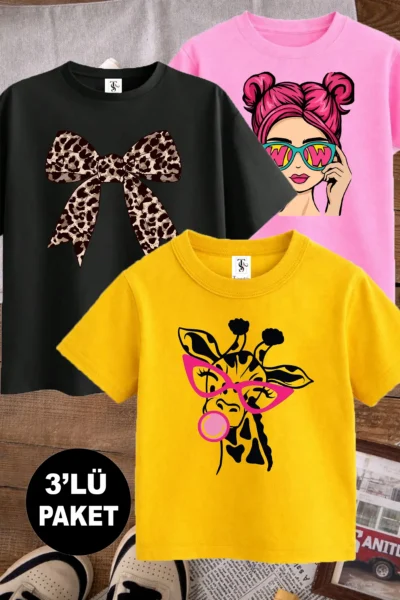 twins tailors Giraffe and Bow Printed 3-Pack Pink-Black-Yellow Girls' T-Shirt