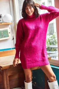 Olalook Women's Fuchsia Turtleneck Soft Textured Knitwear Tunic Dress - Image 4