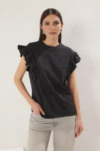 TRENDYOLMİLLA Anthracite Thick Cotton relaxed/Rahat Pattern Washable Troklu Knitting T-Shirt