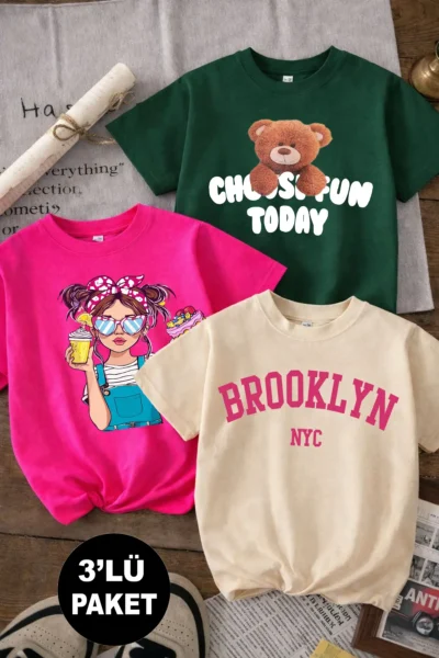 twins tailors Brooklyn And Her Cake Girl Printed 3 Pack Green-Pink-Beige Girls' T-Shirt