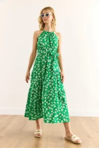 Olalook Women's Green White Floral Halter Neck Belted Woven Viscon Dress - Image 3