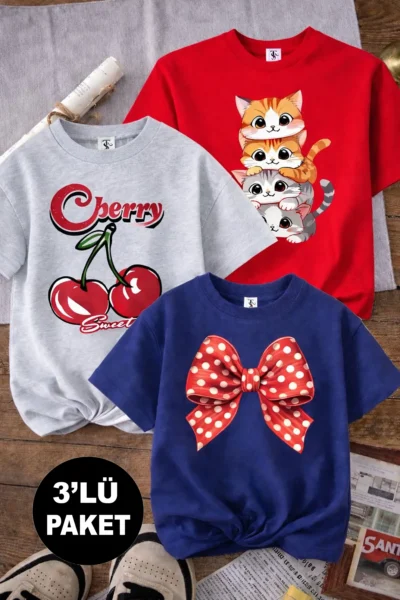 twins tailors Cat and Cherry Printed 3-Pack Navy Blue-Grey-Red Girls' T-Shirt