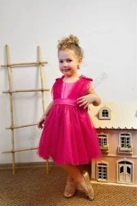 penu baby kids Fuchsia Satin Top, Big Bow on the Back, Small Bow Detail on the Shoulder, Tulle Baby Girl Dress - Image 7