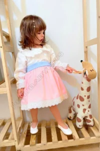 penu baby kids Pink Skirt Blue Belted Cotton Satin Long Sleeve Ruched Baby Girl Dress - Image 2