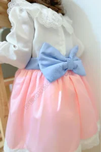 penu baby kids Pink Skirt Blue Belted Cotton Satin Long Sleeve Ruched Baby Girl Dress - Image 3