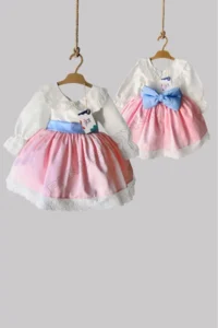 penu baby kids Pink Skirt Blue Belted Cotton Satin Long Sleeve Ruched Baby Girl Dress - Image 4