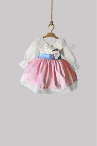 penu baby kids Pink Skirt Blue Belted Cotton Satin Long Sleeve Ruched Baby Girl Dress - Image 5