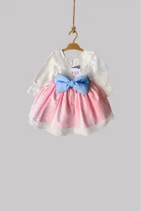 penu baby kids Pink Skirt Blue Belted Cotton Satin Long Sleeve Ruched Baby Girl Dress - Image 6