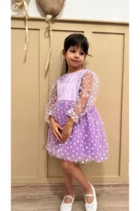 penu baby kids Lilac Flower Detailed Three Quarter Sleeve Baby Girl Dress - Image 4
