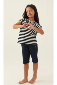 US Polo Assn. Girl's, Licensed, USPA, Navy Blue Striped, T-shirt Capri Set