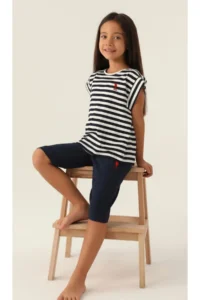US Polo Assn. Girl's, Licensed, USPA, Navy Blue Striped, T-shirt Capri Set - Image 3