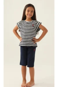 US Polo Assn. Girl's, Licensed, USPA, Navy Blue Striped, T-shirt Capri Set - Image 4