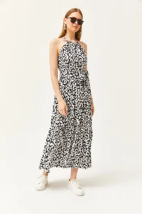 Olalook Women's Ethnic Black White Halter Neck Belted Woven Viscon Dress - Image 3