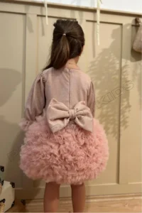 penu baby kids Powder Long Sleeve Cotton Lined Tutu Skirt with Bow for Baby Girl Dress - Image 3