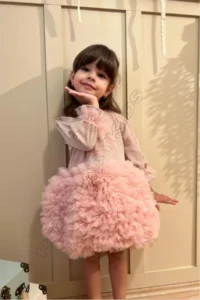penu baby kids Powder Long Sleeve Cotton Lined Tutu Skirt with Bow for Baby Girl Dress - Image 4
