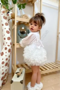 penu baby kids Ecru Long Sleeve Cotton Lined Tutu Skirt with Bow for Baby Girl Dress - Image 3