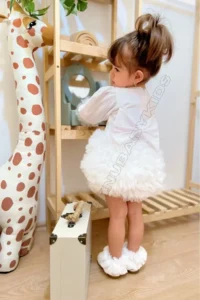 penu baby kids Ecru Long Sleeve Cotton Lined Tutu Skirt with Bow for Baby Girl Dress - Image 4