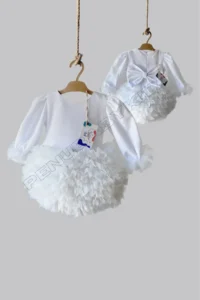 penu baby kids Ecru Long Sleeve Cotton Lined Tutu Skirt with Bow for Baby Girl Dress - Image 5