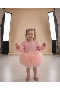 penu baby kids Pink Long Sleeve Cotton Lined Tutu Skirt with Bow for Baby Girl Dress