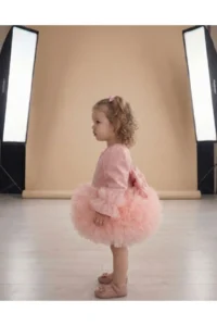 penu baby kids Pink Long Sleeve Cotton Lined Tutu Skirt with Bow for Baby Girl Dress - Image 3