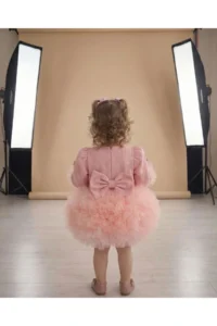 penu baby kids Pink Long Sleeve Cotton Lined Tutu Skirt with Bow for Baby Girl Dress - Image 4