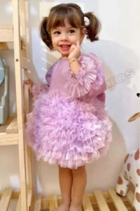 penu baby kids Lilac Long Sleeve Cotton Lined Tutu Skirt with Bow Bow Baby Girl Dress