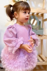penu baby kids Lilac Long Sleeve Cotton Lined Tutu Skirt with Bow Bow Baby Girl Dress - Image 3