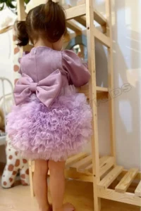 penu baby kids Lilac Long Sleeve Cotton Lined Tutu Skirt with Bow Bow Baby Girl Dress - Image 4