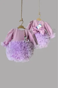 penu baby kids Lilac Long Sleeve Cotton Lined Tutu Skirt with Bow Bow Baby Girl Dress - Image 5