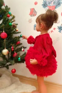 penu baby kids Red Long Sleeve Cotton Lined Tutu Skirt with Bow and Baby Girl Dress - Image 2
