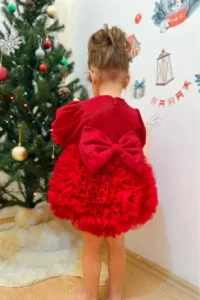 penu baby kids Red Long Sleeve Cotton Lined Tutu Skirt with Bow and Baby Girl Dress - Image 3