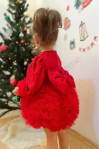 penu baby kids Red Long Sleeve Cotton Lined Tutu Skirt with Bow and Baby Girl Dress - Image 4