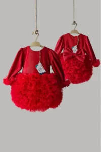 penu baby kids Red Long Sleeve Cotton Lined Tutu Skirt with Bow and Baby Girl Dress - Image 5