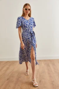 Olalook Women's Patterned Saks Blue V-Neck Belted Buttoned Knitted Dress - Image 3