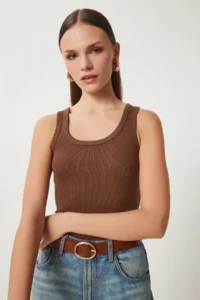 Lovelyİstanbul 2-Piece Ribbed Thick Strap Knitted Undershirt BROWN RED - Image 2