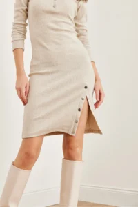 Olalook Women's Stone Button Detailed Slit and Raised Flexible Dress - Image 6