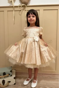 penu baby kids Beige Floral Detailed Glittery Polka Dot Balloon Sleeve Girls Baby Girl Dress