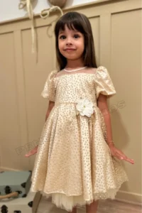 penu baby kids Beige Floral Detailed Glittery Polka Dot Balloon Sleeve Girls Baby Girl Dress - Image 2