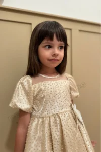 penu baby kids Beige Floral Detailed Glittery Polka Dot Balloon Sleeve Girls Baby Girl Dress - Image 3