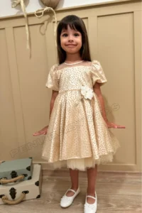 penu baby kids Beige Floral Detailed Glittery Polka Dot Balloon Sleeve Girls Baby Girl Dress - Image 4