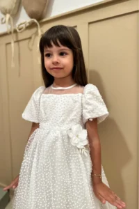 penu baby kids Ecru Flower Detailed Glittery Polka Dot Balloon Sleeve Girls' Dress - Image 2