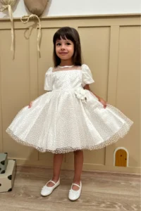 penu baby kids Ecru Flower Detailed Glittery Polka Dot Balloon Sleeve Girls' Dress - Image 3