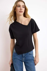 TRENDYOLMİLLA Black Regular/Normal Pattern Asymmetric Collar Shirred Cotton Flexible Knitting T-Shirt - Image 2