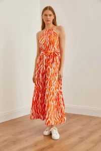 Olalook Women's Zebra Orange White Halter Collar Belted Woven Viscon Dress - Image 2