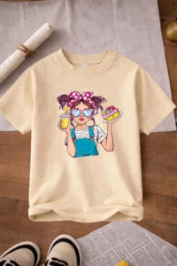 twins tailors Gum Chewing Dog and Heart Ribbon Printed 3 Pack Fuchsia-Pink-Beige Girls' T-Shirt - Image 4